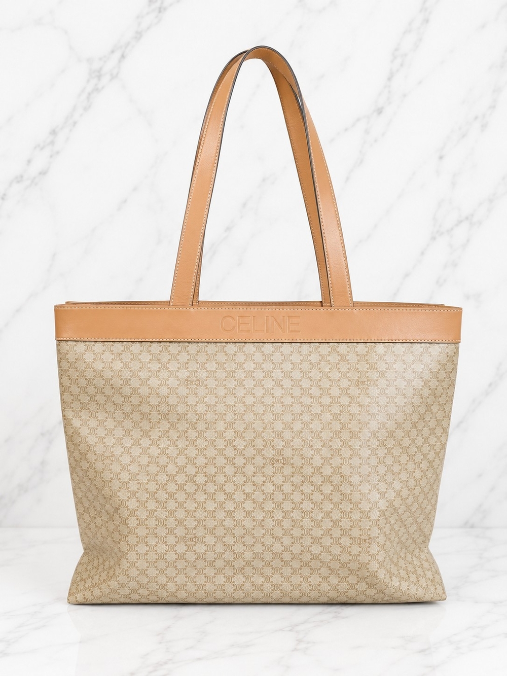 Celine Beige Canvas Tote with Tan Leather Trim and Straps